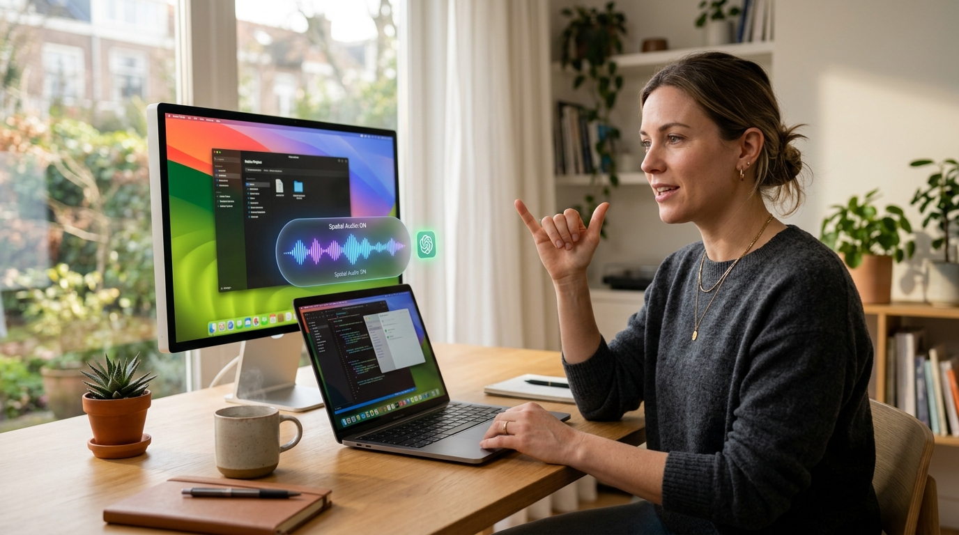 Person doing Shaka gesture to control ChatGPT on MacBook Pro