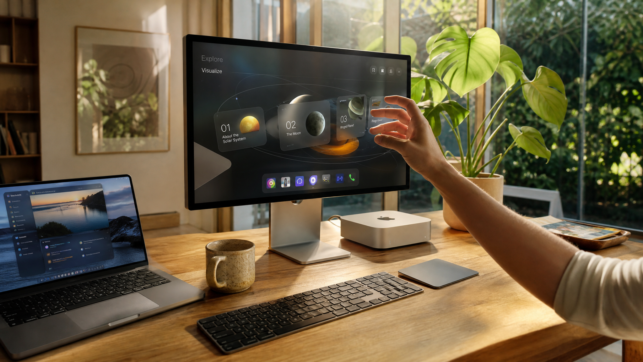 Handy Spatial Control on Solid Oak Desk with MacBook Pro and Studio Display