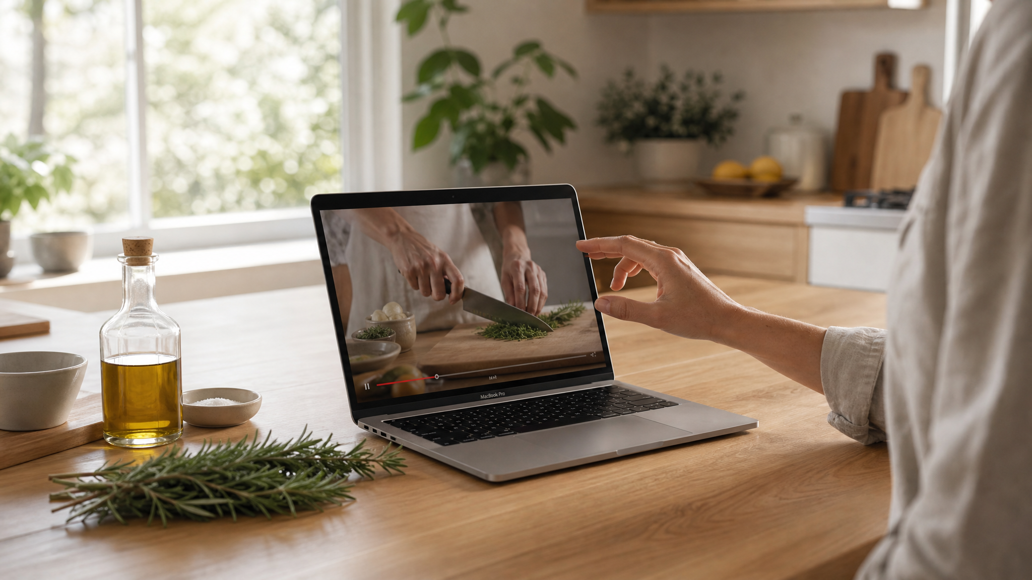 Using Handy in sunlit kitchen while cooking with MacBook Pro