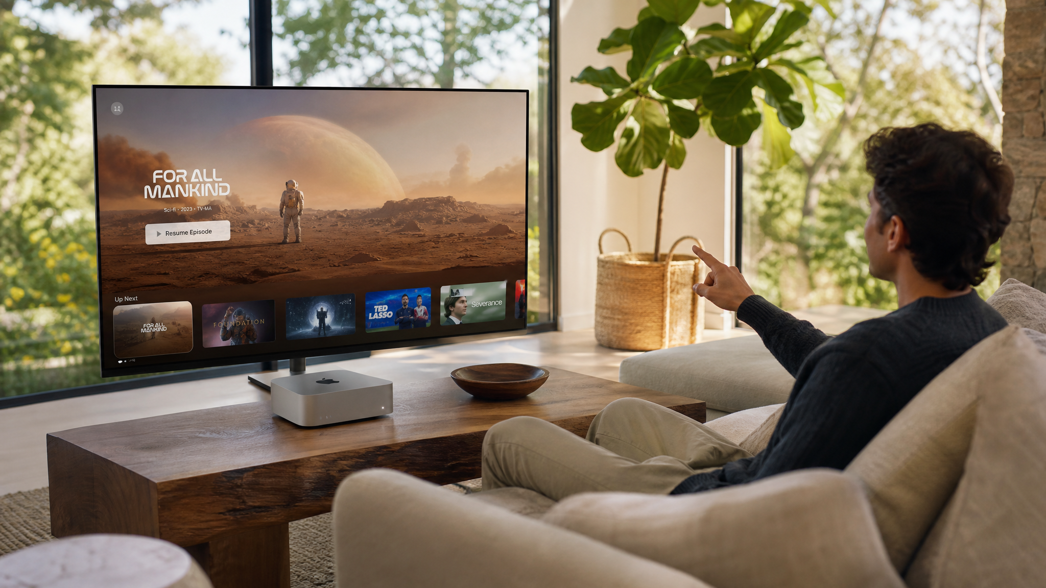 Relaxing on linen sofa controlling Mac mini connected to living room TV