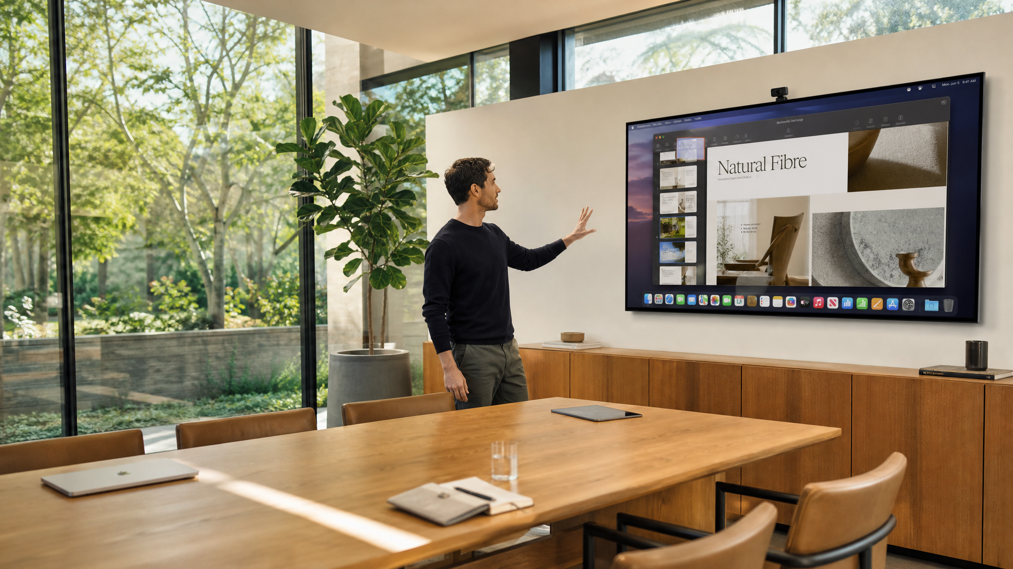 Presenter using spatial gesture in sunlit boardroom