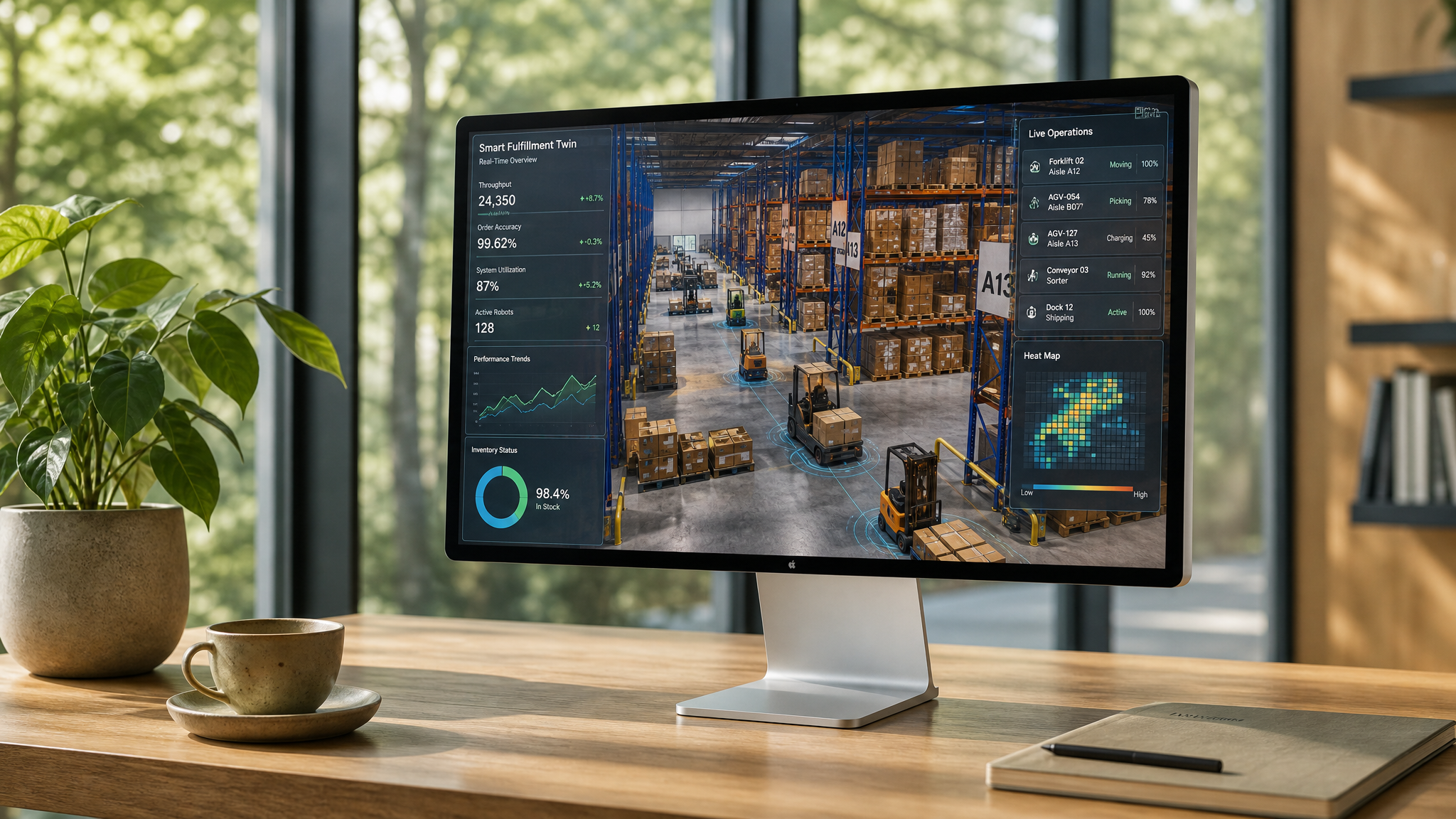 Studio Display on oak desk showing 3D digital twin warehouse simulation